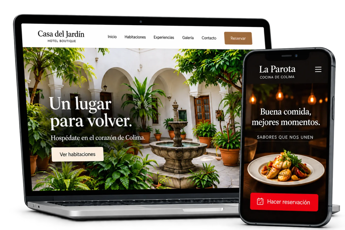 Ejemplos ilustrativos de una página de hotel y un restaurante, adaptadas a computadora y celular